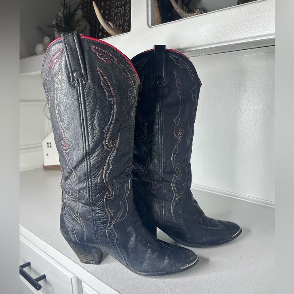 Vintage Acme Black Leather Cowboy Boots Women’s 7 Colorful Stitching, Metal Toe - Picture 2 of 9